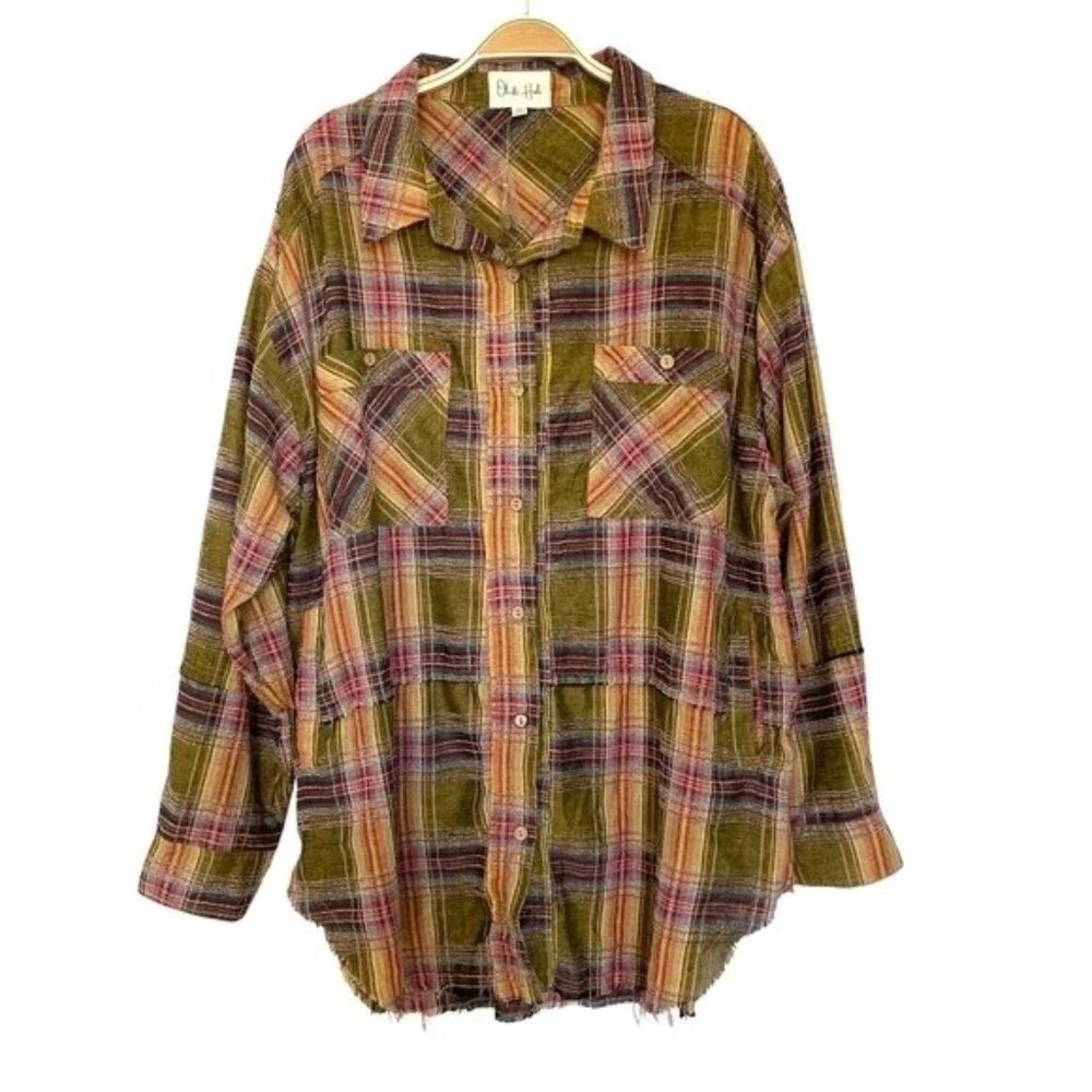 Oli & Hali Mineral Washed Plaid Shirt Women M Olive Grunge Goblincore RawHem NEW